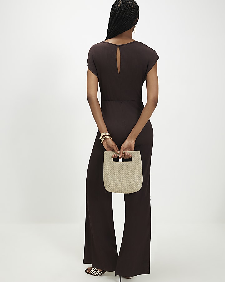 Brown Textured Tie Side Jumpsuit