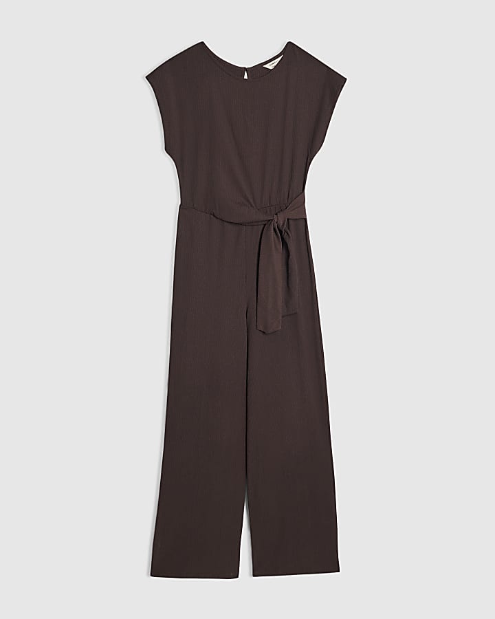 Brown Textured Tie Side Jumpsuit