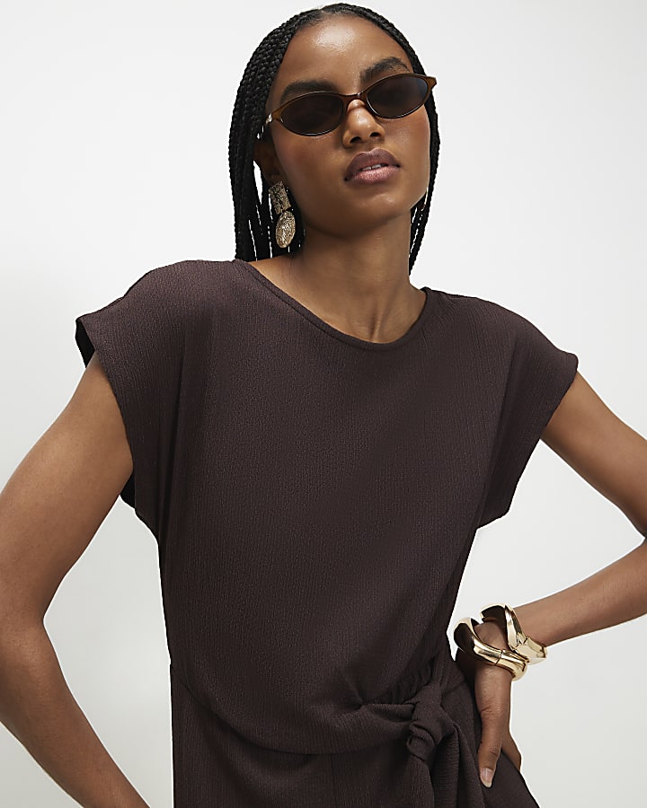 Brown Textured Tie Side Jumpsuit