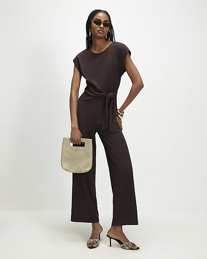 Brown Textured Tie Side Jumpsuit