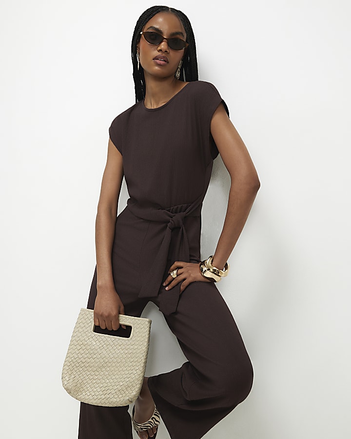 Brown Textured Tie Side Jumpsuit