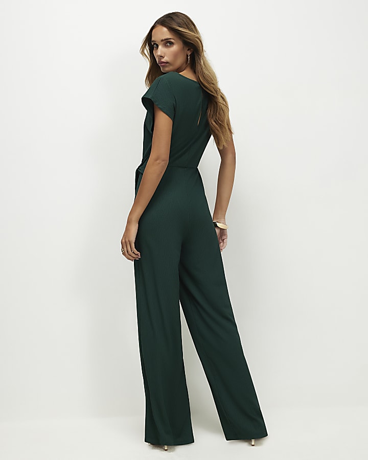 Green Short Sleeve Textured Tie Jumpsuit