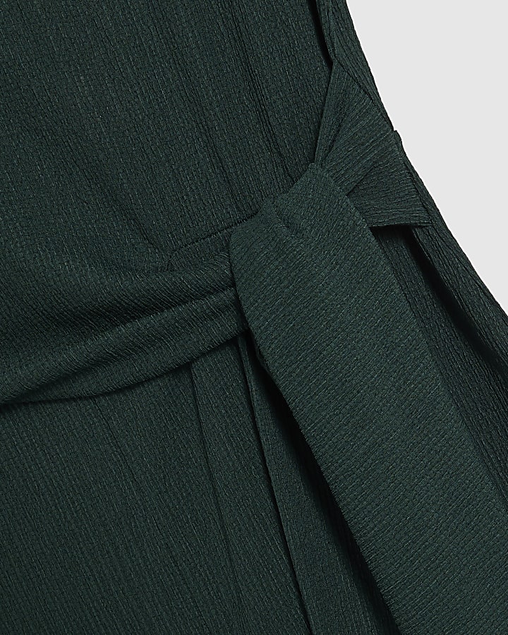 Green Short Sleeve Textured Tie Jumpsuit