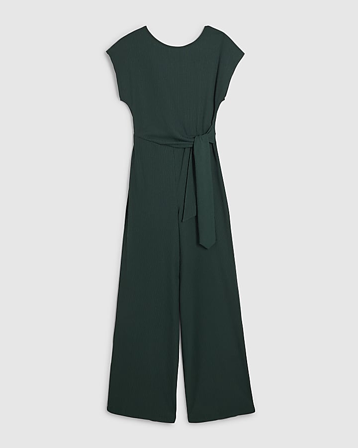 Green Short Sleeve Textured Tie Jumpsuit