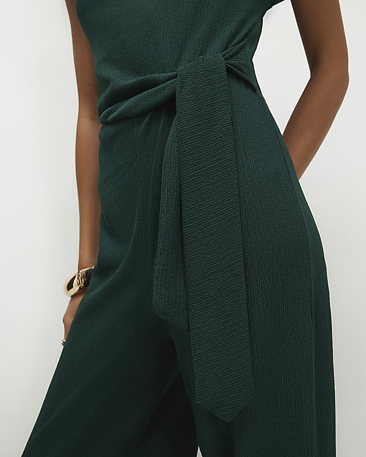 Green Short Sleeve Textured Tie Jumpsuit
