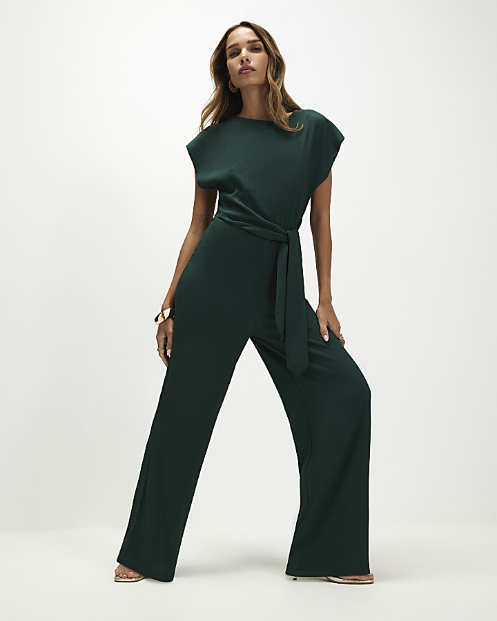 Green Short Sleeve Textured Tie Jumpsuit