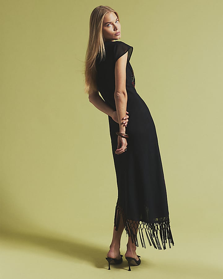 Black Floral Beaded Fringed Dress