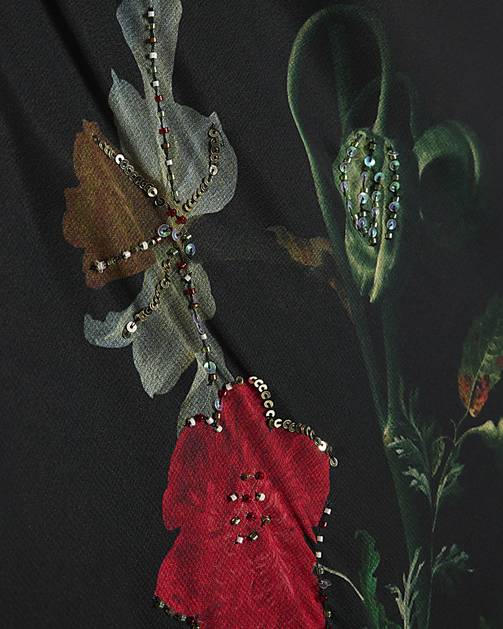 Black Floral Beaded Fringed Dress