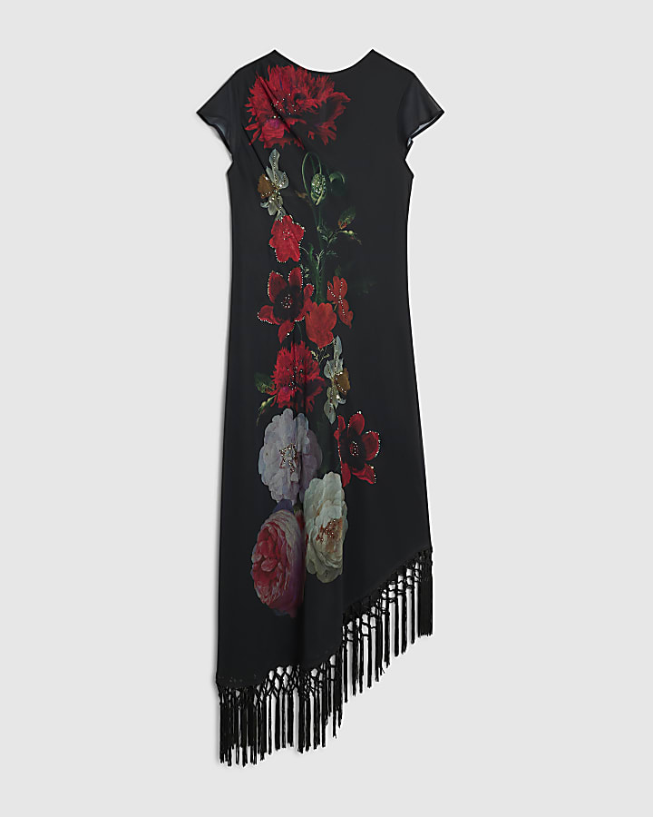 Black Floral Beaded Fringed Dress