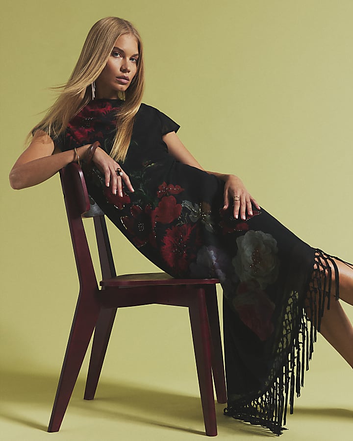 Black Floral Beaded Fringed Dress