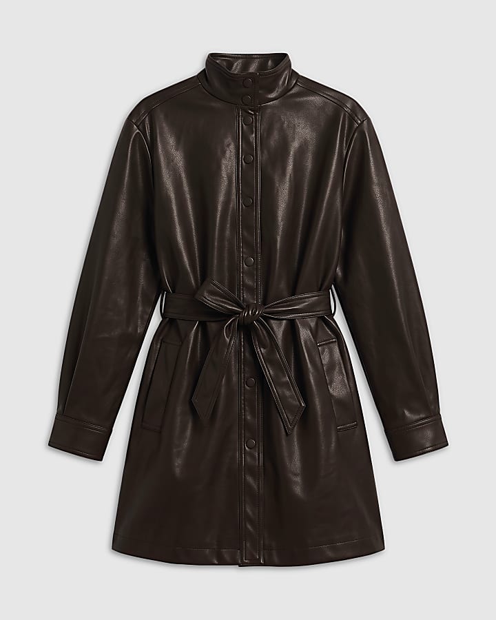Purple Faux Leather Funnel Neck Shirt Dress