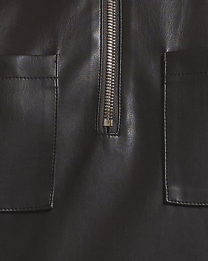 Brown Faux Leather Zip Through Mini Dress