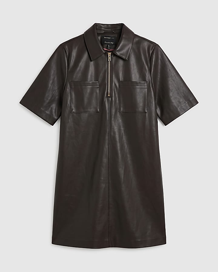 Brown Faux Leather Zip Through Mini Dress