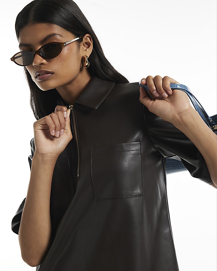 Brown Faux Leather Zip Through Mini Dress