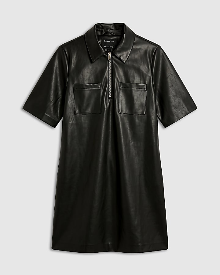 Black Faux Leather Zip Neck Mini Dress