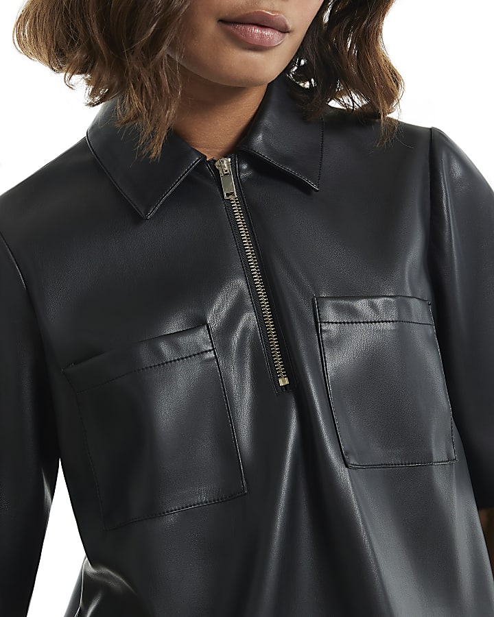 Black Faux Leather Zip Neck Mini Dress