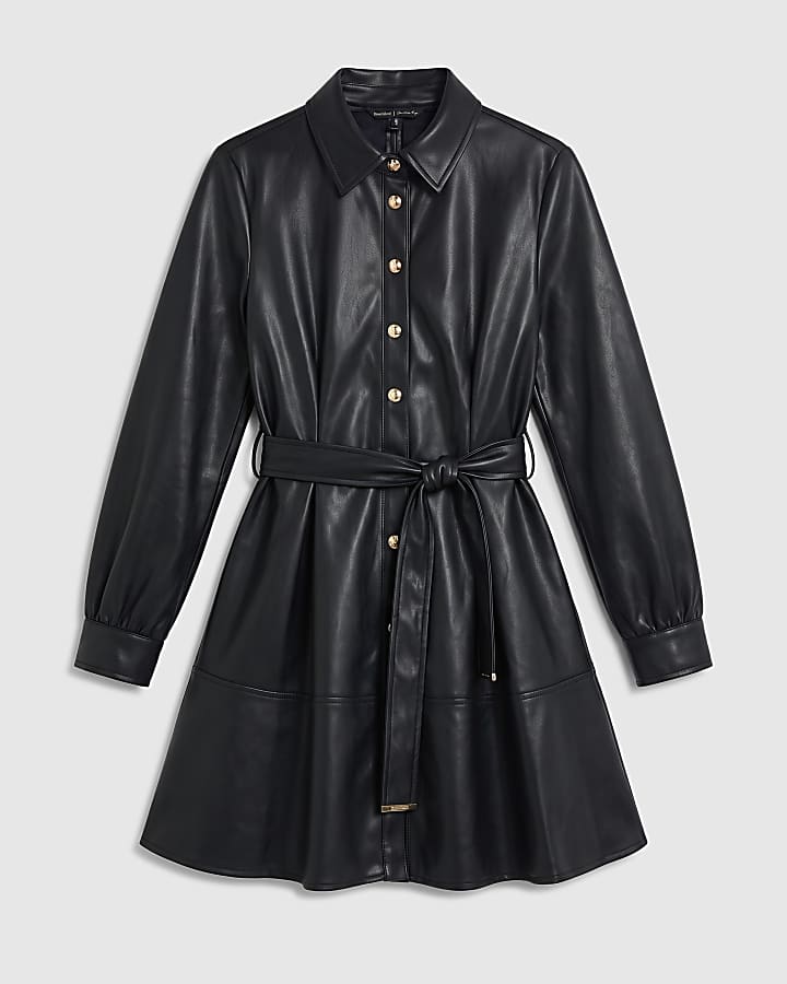 Black Faux Leather Belted Shirt Dress