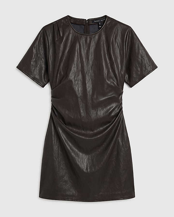 Brown Faux Leather Drape Dress