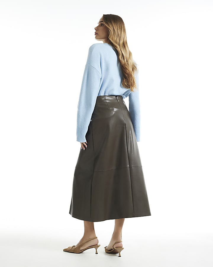 Khaki Faux Leather Buckle Wrap Midi Skirt