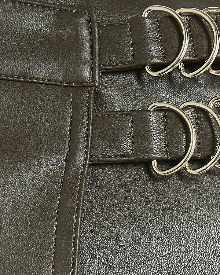 Khaki Faux Leather Buckle Wrap Midi Skirt