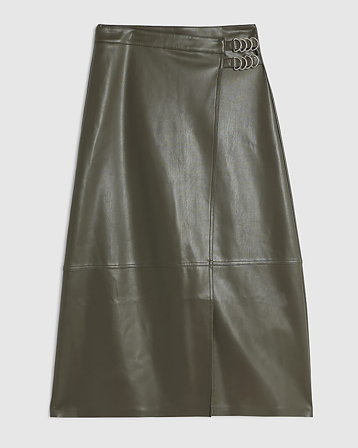 Khaki Faux Leather Buckle Wrap Midi Skirt