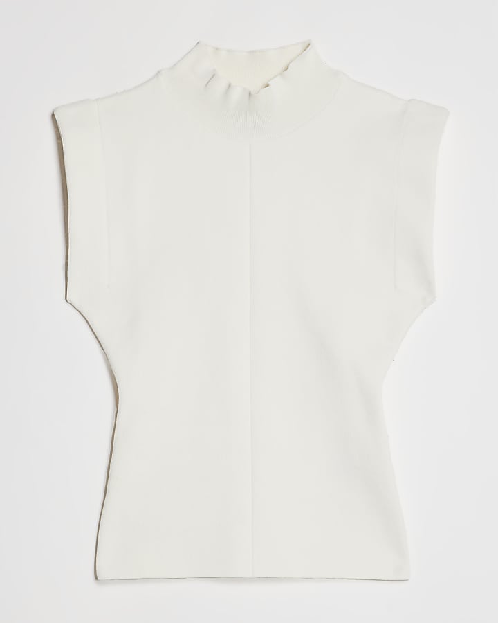 Cream High Neck Fitted Knit Top