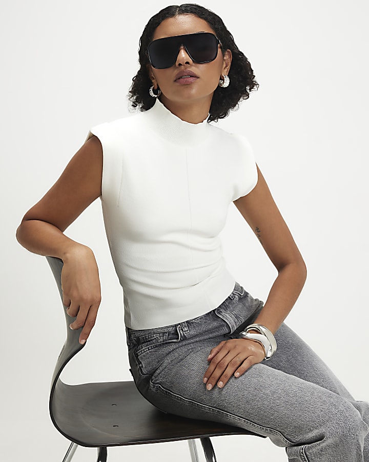 Cream High Neck Fitted Knit Top