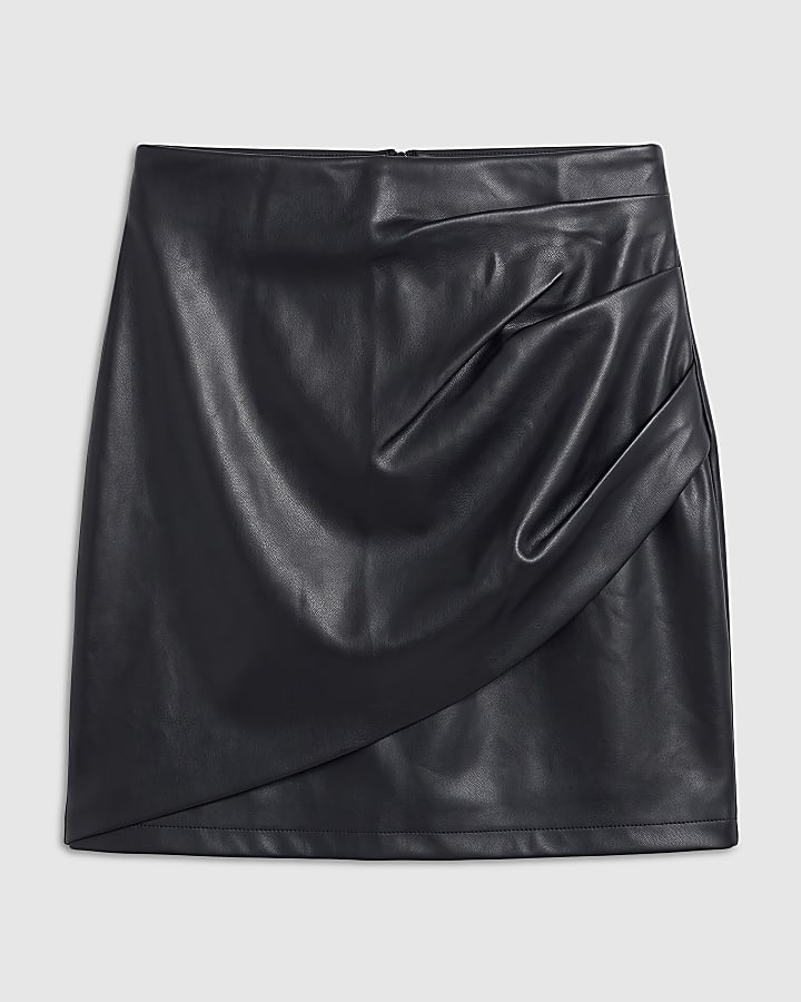 Black Ruched Side Faux Leather Mini Skirt