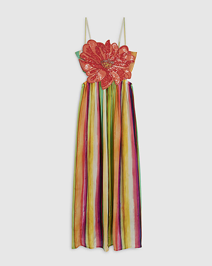 Orange Beaded Corsage Maxi Dress