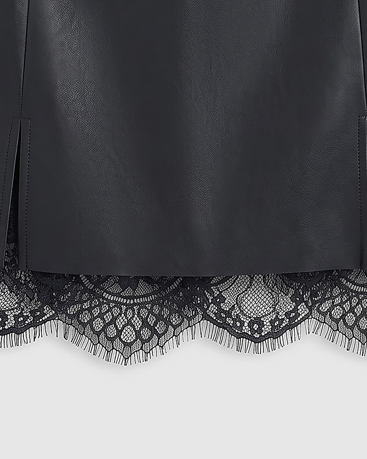 Black Faux Leather Lace Trim Pleat Mini Skirt
