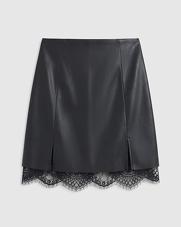 Black Faux Leather Lace Trim Pleat Mini Skirt