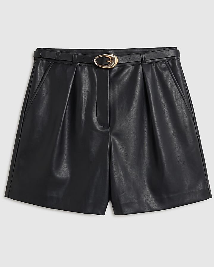 Black Faux Leather Belted Tailored Shorts