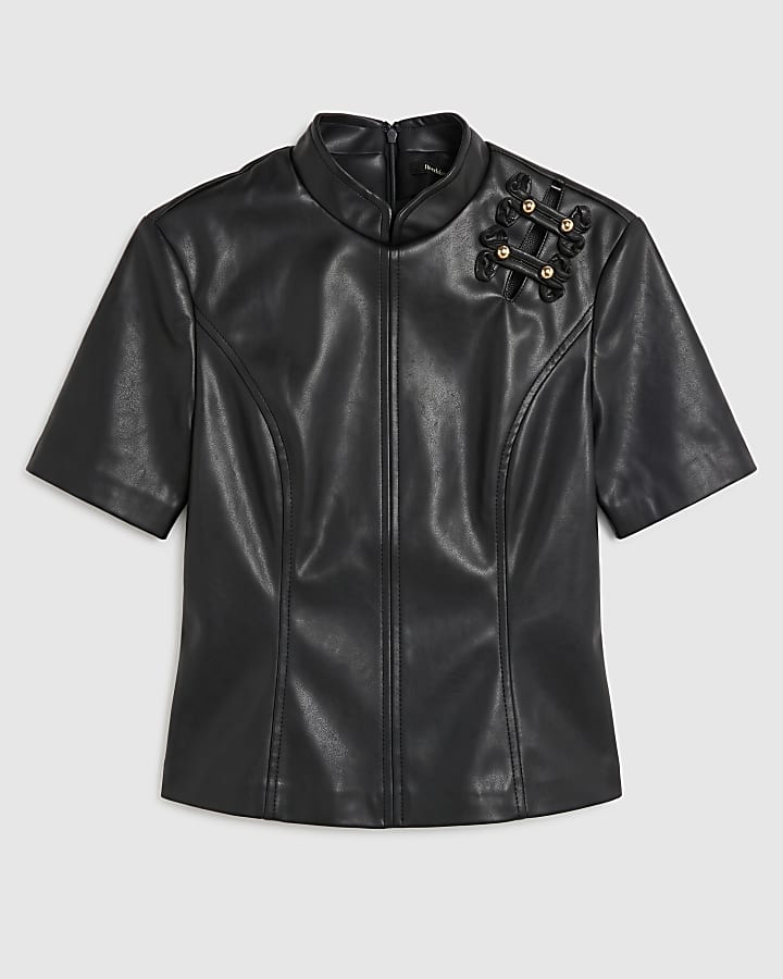 Black Faux Leather Drummer Top