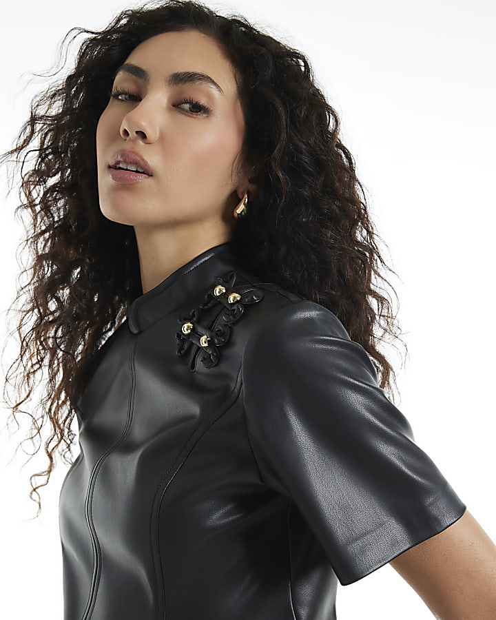 Black Faux Leather Drummer Top