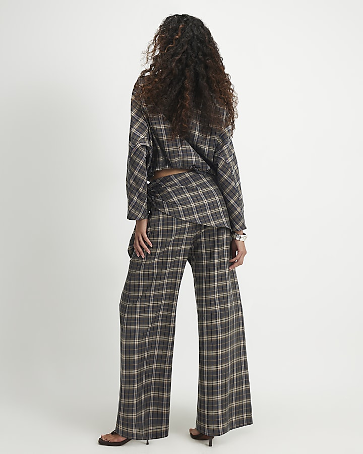 Green Scarf Detail Check Wide Leg Trousers