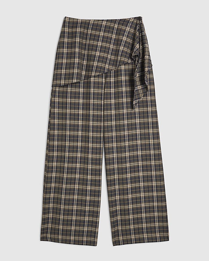 Green Scarf Detail Check Wide Leg Trousers