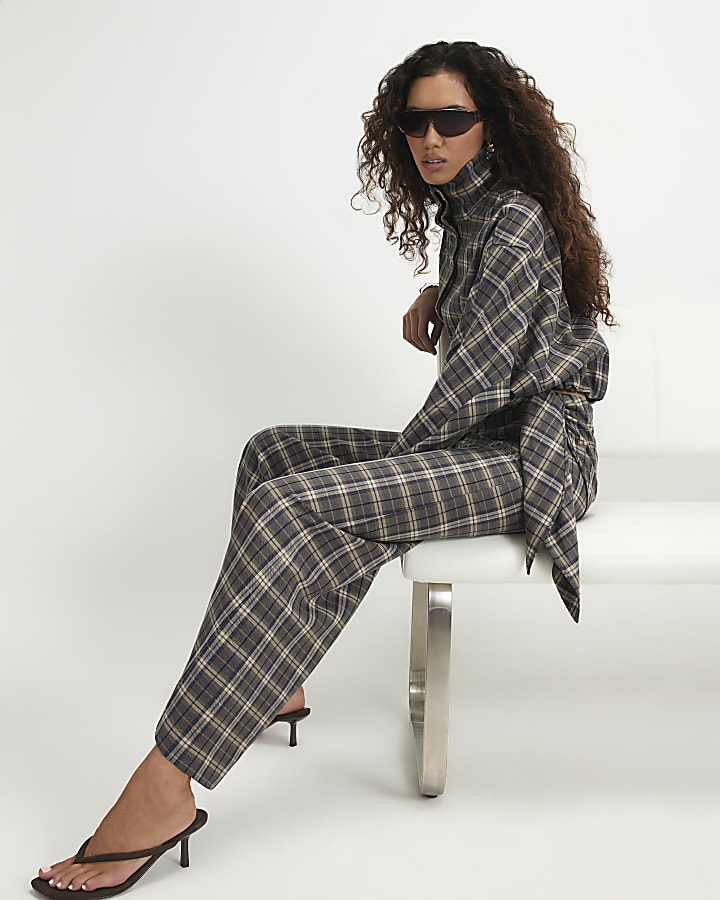 Green Scarf Detail Check Wide Leg Trousers