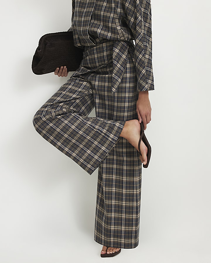 Green Scarf Detail Check Wide Leg Trousers