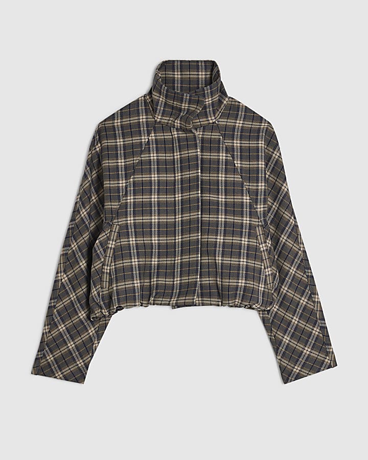 Green Check Funnel Neck Bomber Jacket
