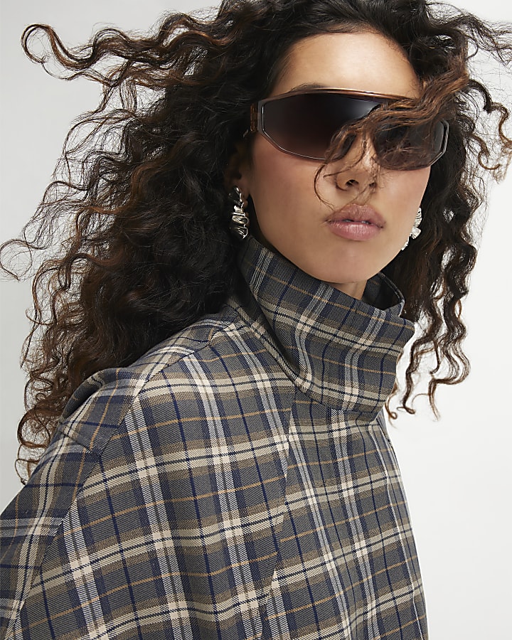 Green Check Funnel Neck Bomber Jacket