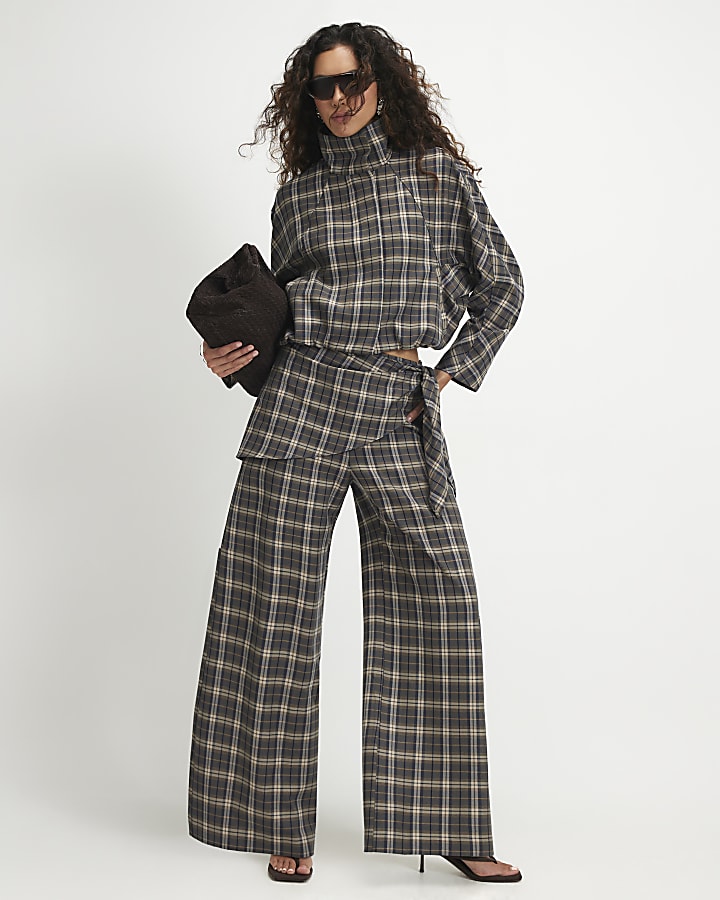 Green Check Funnel Neck Bomber Jacket