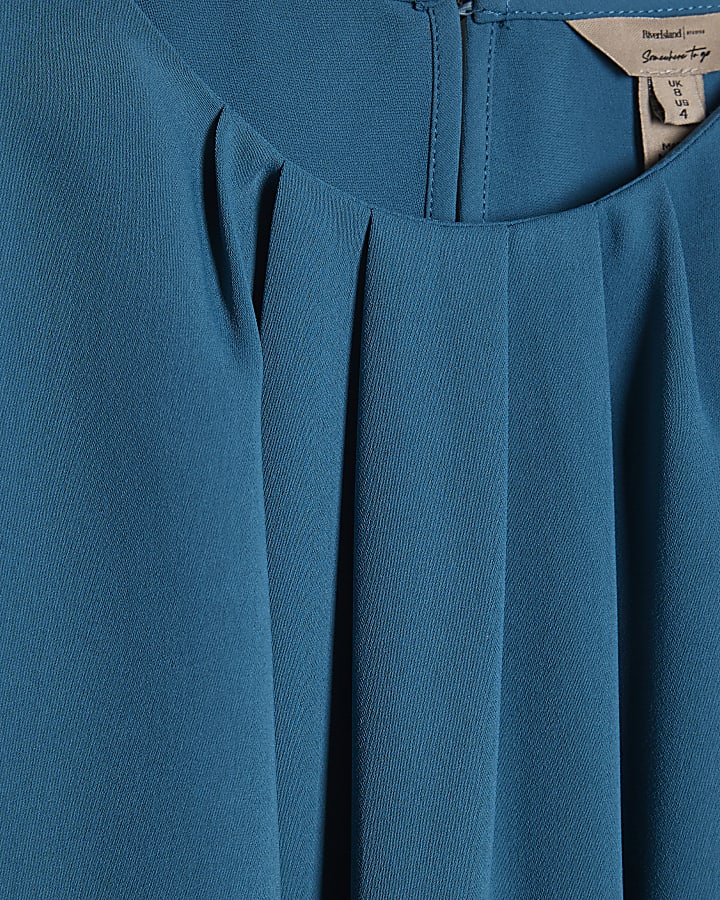 Blue Pleated Neck Mini Dress