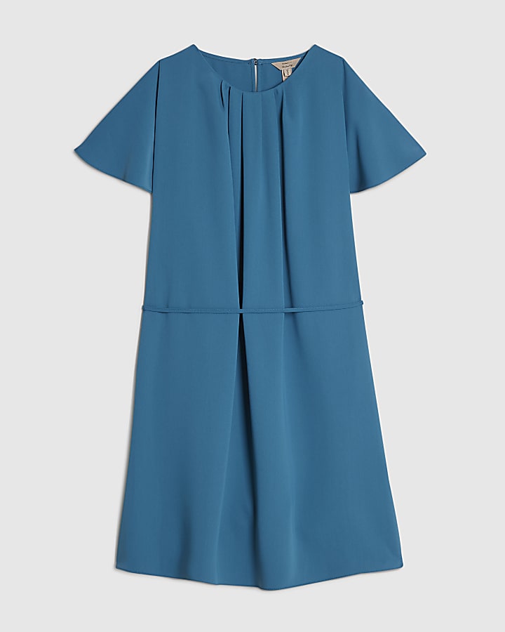Blue Pleated Neck Mini Dress
