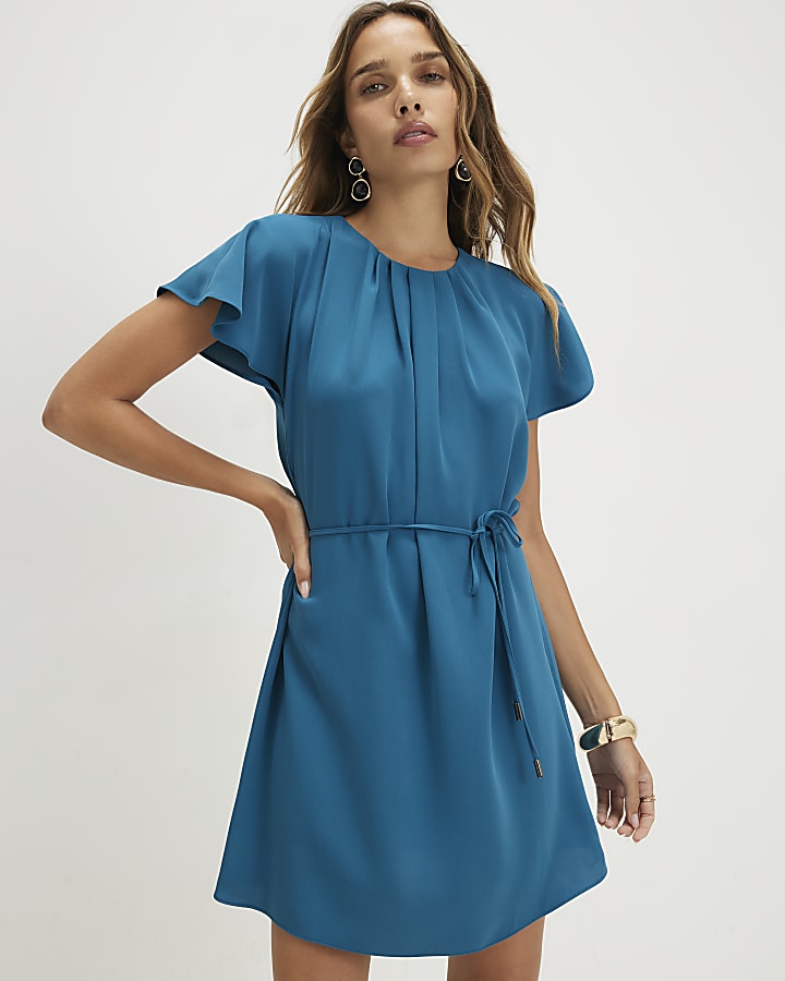 Blue Pleated Neck Mini Dress
