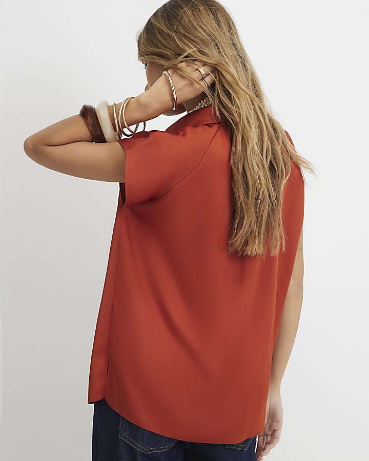 Orange Satin Short Sleeve Relaxed Fit Shirt