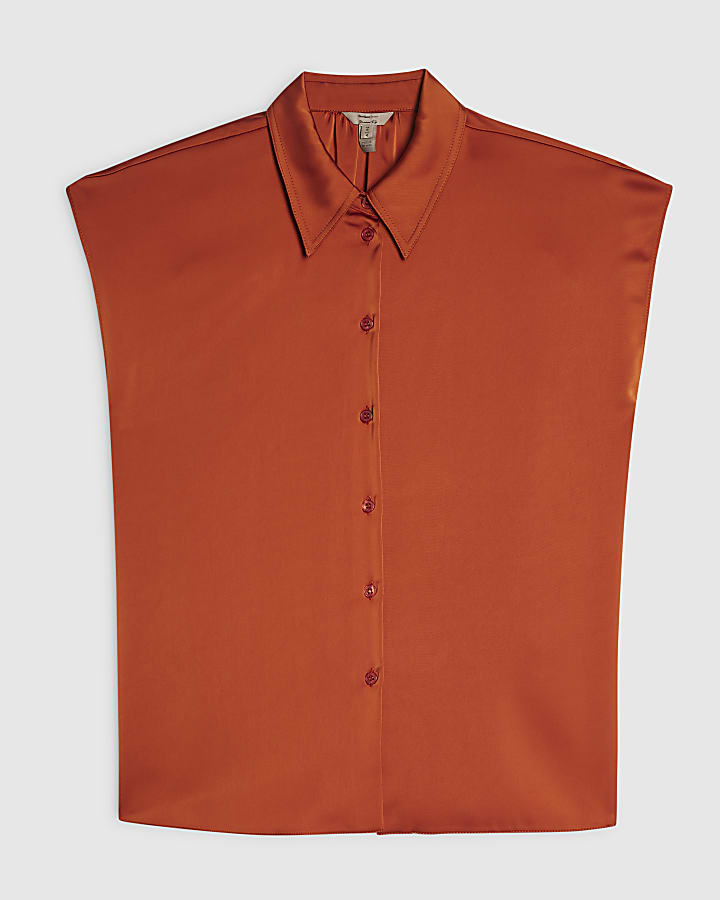 Orange Satin Short Sleeve Relaxed Fit Shirt
