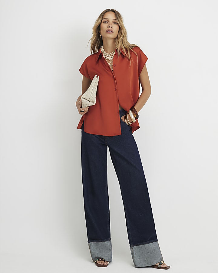 Orange Satin Short Sleeve Relaxed Fit Shirt