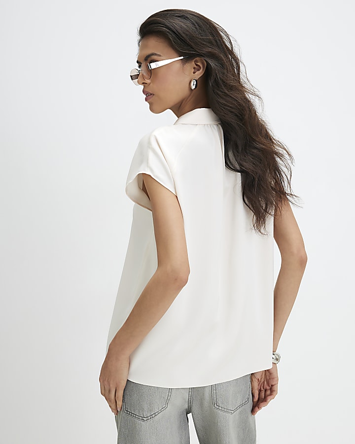Cream Satin Short Sleeve Relaxed Shirt