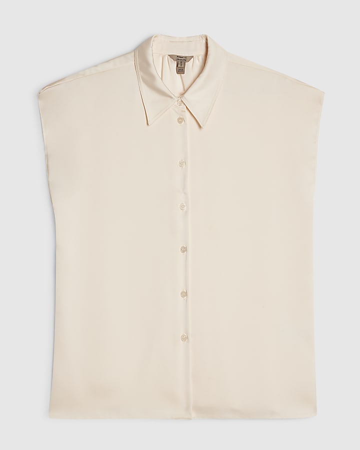 Cream Satin Short Sleeve Relaxed Shirt