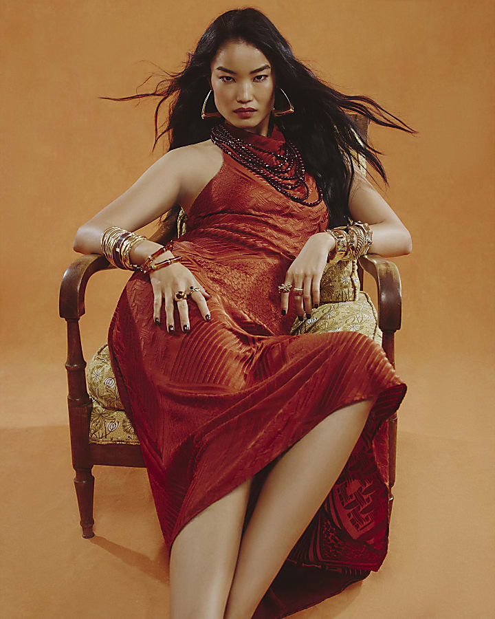 Orange Halter Neck Maxi Slip Dress
